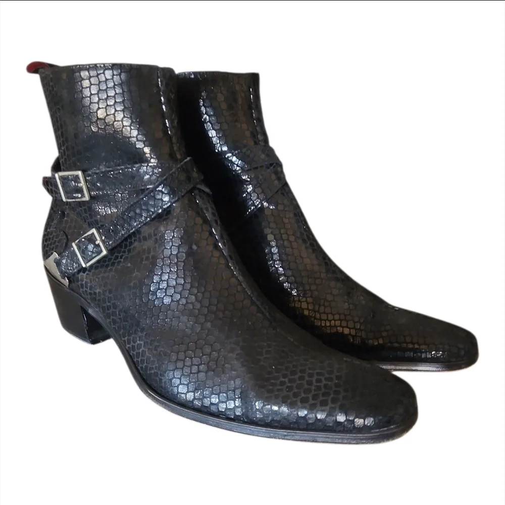JEFFERY WEST | Muse Black Snakeskin Embossed Buckle Ankle Boots – US 11
